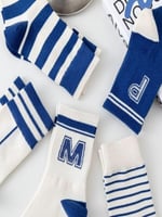 5'li Ekonomik Paket Mavi Çizgili Desenli Unisex Soket Çorap Seti Tek Beden
