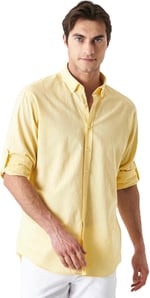 AC&Co/Altınyıldız Classics Comfort Fit Rahat Kesim Gizli Düğmeli Yaka Keten Görünümlü%100 Pamuk Flamlı Gömlek