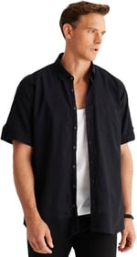 AC&Co/Altınyıldız Classics Comfort Fit Rahat Kesim Gizli Düğmeli Yaka Keten Görünümlü%100 Pamuk Flamlı Gömlek