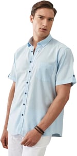 AC&Co/Altınyıldız Classics Comfort Fit Rahat Kesim Gizli Düğmeli Yaka Keten Görünümlü%100 Pamuk Flamlı Gömlek
