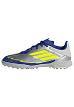 adidas Üniseks Çocuk F50 League Futbol Botu Turf Futbol Ayakkabısı, Gümüş Metalik Solar Sarı Lucid Blue, 32 EU
