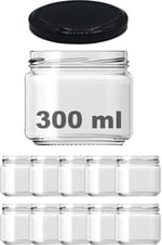 Afracam 300 ml Metal Siyah Kapaklı Şeffaf Cam Kavanoz 10 Adet