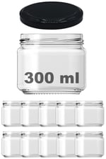 Afracam 300 ml Metal Siyah Kapaklı Şeffaf Cam Kavanoz 10 Adet