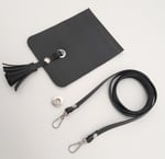 Aksesuar Siyah Suni Deri Püskül Kapaklı Cep Telefonu Mini Bag Seti Gümüş Metal