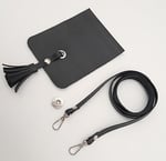 Aksesuar Siyah Suni Deri Püskül Kapaklı Cep Telefonu Mini Bag Seti Gümüş Metal