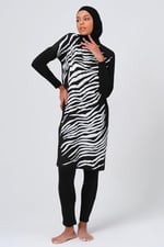 Alfasa Önü Zebra Desenli Kadın Tam Kapalı Tesettür Mayo 23691 Siyah