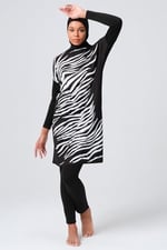 Alfasa Önü Zebra Desenli Kadın Tam Kapalı Tesettür Mayo 23691 Siyah