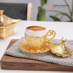 Alisveristime Hilal Motifli Türk Kahvesi Fincanı ve Tabağı – Zamak Gövde, Porselen İç Kupa – Geleneksel Gelincik Model (Tekli) (Altın Sarısı)