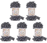Alize Puffy 5 x 100 gram örgü yünü, 500 gram parmak örgüsü - yün süper hacimli, halka yünü, iğnesiz örgü (gri 87)