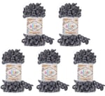 Alize Puffy 5 x 100 gram örgü yünü, 500 gram parmak örgüsü - yün süper hacimli, halka yünü, iğnesiz örgü (gri 87)