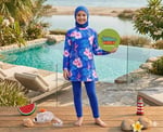 Alkin Kids Kız Çocuk Burkini Takımı, Mavi Çiçek Desenli, Uzun Kollu, Taytlı, Bone Dahil, 7-16 Yaş - Seçenekler: 7-8 Yıl, 9-10 Yıl