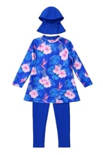 Alkin Kids Kız Çocuk Burkini Takımı, Mavi Çiçek Desenli, Uzun Kollu, Taytlı, Bone Dahil, 7-16 Yaş - Seçenekler: 7-8 Yıl, 9-10 Yıl