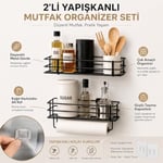 Alper Banyo 2’li Yapışkanlı Siyah Mutfak Organizer Seti, Metal Baharatlık ve Yağlık Raf, Kağıt Havluluklu Alt Raf, Delmeden Kolay Kurulumlu Mutfak Düzenleyici