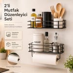 Alper Banyo 2’li Yapışkanlı Siyah Mutfak Organizer Seti, Metal Baharatlık ve Yağlık Raf, Kağıt Havluluklu Alt Raf, Delmeden Kolay Kurulumlu Mutfak Düzenleyici