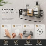 Alper Banyo Yapışkanlı Siyah Raflı Solo Havlu Askısı, Delmeden Montaj Banyo ve Mutfak Duvar Tipi Havluluk Organizer