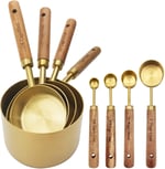 Altın Ölçüm Bardakları ve Kaşık Seti, Kokulu Ahşap Saplı, Ölçüm Bardakları, Metal Ölçüm Kaşıkları ve Yemek Pişirme ve Pişirme için Ölçüm Kabı Seti, 8'li Set
