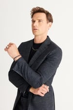 ALTINYILDIZ CLASSICS Slim Fit Dar Kesim Mono Yaka Yünlü Desenli Takım Elbise, Lacivert, 56-6 Drop