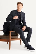 ALTINYILDIZ CLASSICS Slim Fit Dar Kesim Mono Yaka Yünlü Desenli Takım Elbise, Lacivert, 56-6 Drop