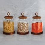 AmberHaus 3'lü Ring Serisi Akasya Kapaklı ve Tabanlı Borosilikat Cam Kavanoz Seti - 1100 ml Vakumlu Bakliyat ve Kurabiye Saklama Kabı (20x11.5 cm)