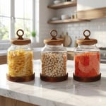 AmberHaus 3'lü Ring Serisi Akasya Kapaklı ve Tabanlı Borosilikat Cam Kavanoz Seti - 1100 ml Vakumlu Bakliyat ve Kurabiye Saklama Kabı (20x11.5 cm)