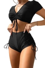 Angelsin Özel tasarım Yarım Kol Büzgü Detaylı Bikini Takım