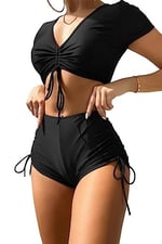 Angelsin Özel tasarım Yarım Kol Büzgü Detaylı Bikini Takım