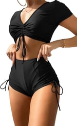 Angelsin Özel tasarım Yarım Kol Büzgü Detaylı Bikini Takım