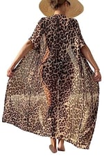 Angelsin Şifon Uzun Önden Bağlamalı Leopar Plaj Elbisesi Pareo Kimono