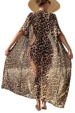 Angelsin Şifon Uzun Önden Bağlamalı Leopar Plaj Elbisesi Pareo Kimono