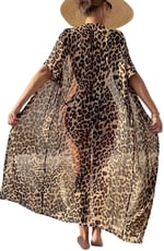 Angelsin Şifon Uzun Önden Bağlamalı Leopar Plaj Elbisesi Pareo Kimono