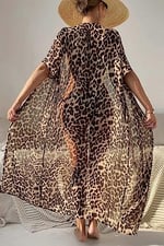 Angelsin Şifon Uzun Önden Bağlamalı Leopar Plaj Elbisesi Pareo Kimono