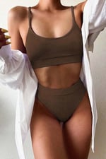 Angelsin Yüksek Bel Fitilli Kumaş Tankini Bikini Üstü