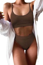 Angelsin Yüksek Bel Fitilli Kumaş Tankini Bikini Üstü