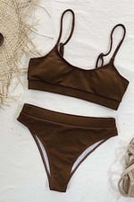 Angelsin Yüksek Bel Fitilli Kumaş Tankini Bikini Üstü