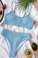 Angelsin Yüksek Bel Fitilli Kumaş Tankini Bikini Takım