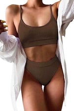 Angelsin Yüksek Bel Fitilli Kumaş Tankini Bikini Üstü