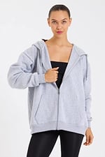 Antrasit Kanguru Cepli Kapüşonlu Fermuarlı Içi Pamuklu Oversize Kadın Sweatshirt