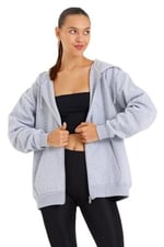 Antrasit Kanguru Cepli Kapüşonlu Fermuarlı Içi Pamuklu Oversize Kadın Sweatshirt