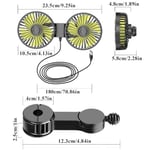 Araba vantilatörü, taşınabilir USB ile çalışan çift kafalı araba koltuğu koltuk başlığı fanı, 3 vitesli hava hızı ve 360° dönen arka koltuk araç fanı, güçlü hava sirkülasyon fanı, ayarlanabilir