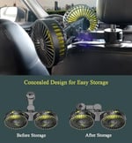 Araba vantilatörü, taşınabilir USB ile çalışan çift kafalı araba koltuğu koltuk başlığı fanı, 3 vitesli hava hızı ve 360° dönen arka koltuk araç fanı, güçlü hava sirkülasyon fanı, ayarlanabilir