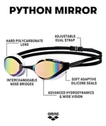 arena Üniseks Antrenman Yarışma Yüzme Gözlüğü Python Mirror (Aynalı, UV Koruması, Buğu Önleyici Kaplama), Revo-White (54), Tek Beden