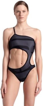 Arena Women's Arena Logo One Piece Single Shoulder Mayo, Asphalt Multi-Black-Black, S