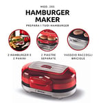 Ariete Party Time Hamburger Makinesi Kırmızı 0205/00 - Hamburger Maker, 1200 Watt, Çift Yapışmaz Plakalar, Aynı Anda Üst Plakada 2 Sandviç Ekmeği Isıtma, Alt Plakada Köfte Pişirme Özelliği