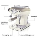 Ariete Vintage Espresso Kahve Makinesi Bej 1389/13 - Süt Köpürtme Başlığı, 900 Watt, 0,9 Litre Çıkarılabilir Su Tankı, Çıkarılabilir Damlama Tepsisi ve Bardak Tutucu, Bekleme Fonksiyonu
