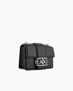 Armani Exchange Gümüş renkli zincirli, AX kilitli siyah deri askılı çanta