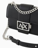 Armani Exchange Gümüş renkli zincirli, AX kilitli siyah deri askılı çanta