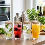 AVLA Bambu Kapaklı ve Pipetli 4 Paket İçme Bardağı, 12 oz Vintage İstiflenebilir Highball Su Kupası, Skinny Tall Collins Bardak, Kabartmalı İçecek Züccaciye Mojito Suyu Soda için Buzlu Kahve Bardağı