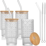 AVLA Bambu Kapaklı ve Pipetli 4 Paket İçme Bardağı, 12 oz Vintage İstiflenebilir Highball Su Kupası, Skinny Tall Collins Bardak, Kabartmalı İçecek Züccaciye Mojito Suyu Soda için Buzlu Kahve Bardağı