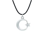 Ay Yıldız Deri ip Kolye - Gümüş Kaplama - Kadın Erkek Kolye - No:1603