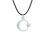 Ay Yıldız Deri ip Kolye - Gümüş Kaplama - Kadın Erkek Kolye - No:1603